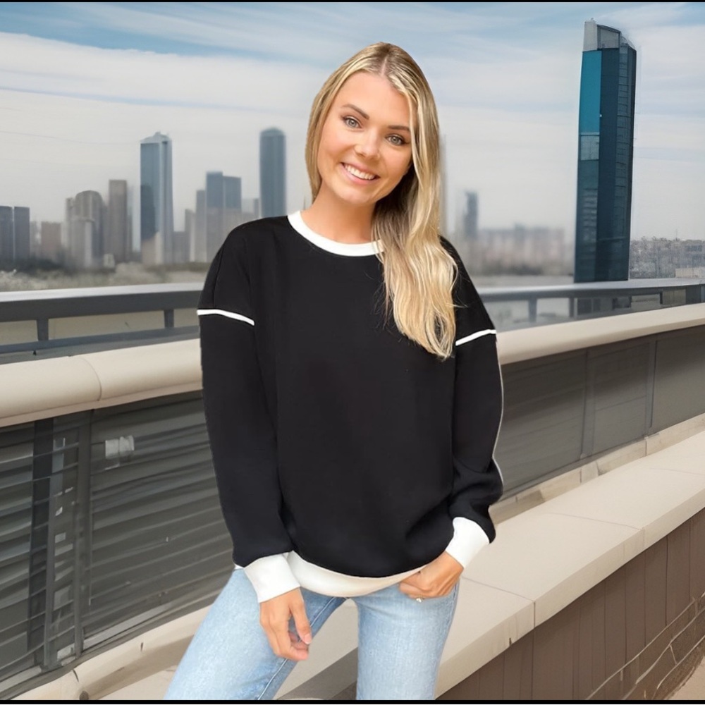 ZESICA Sweatshirts Long Sleeve Crewneck Contrast Color Oversized Pullover Tops